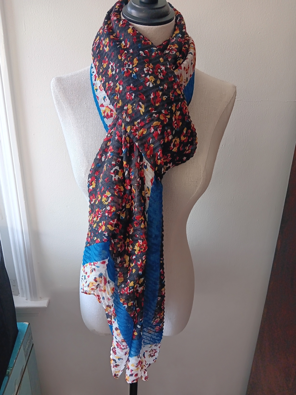 Floral Mixed-Print Scarf with Blue Trim